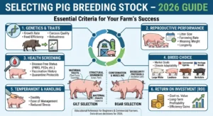 Technical illustration showing the process of selecting pig breeding stock, highlighting key criteria like genetics, health, breed choice, and ROI for pig farms.