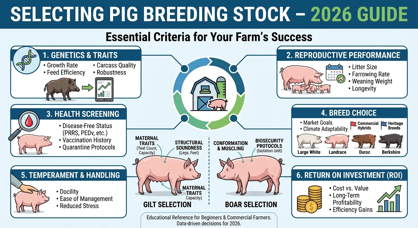 Technical illustration showing the process of selecting pig breeding stock, highlighting key criteria like genetics, health, breed choice, and ROI for pig farms.