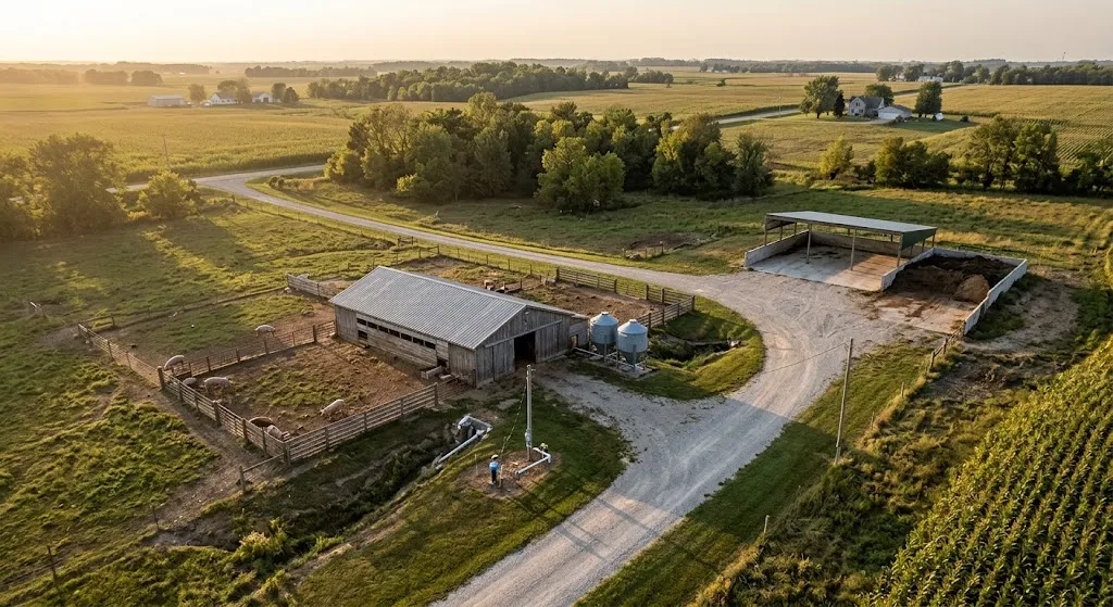 Small pig farm showing barn site feed water and manure infrastructure