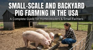 Small-Scale Pig Farming USA: a homesteader feeding pigs in a fenced backyard pen with shelter and water trough, illustrating backyard pig farming for smallholders.