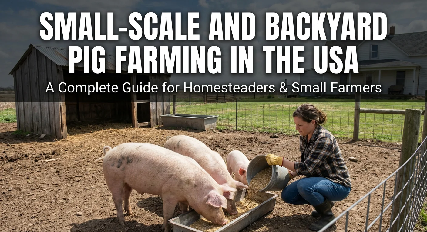 Small-Scale Pig Farming USA: a homesteader feeding pigs in a fenced backyard pen with shelter and water trough, illustrating backyard pig farming for smallholders.