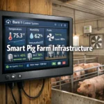 Smart pig farm infrastructure — environmental control panel with sensors monitoring temperature, humidity, and ventilation in a modern pig barn