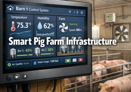 Smart pig farm infrastructure — environmental control panel with sensors monitoring temperature, humidity, and ventilation in a modern pig barn