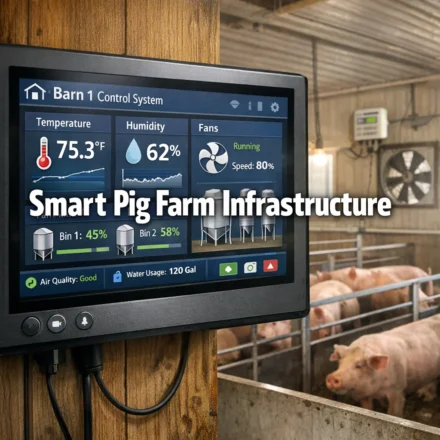 Smart pig farm infrastructure — environmental control panel with sensors monitoring temperature, humidity, and ventilation in a modern pig barn