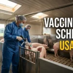 High-quality cinematic image of a modern U.S. pig farm with a veterinarian vaccinating pigs, featuring the bold text Pig Vaccination Schedule USA 2026 clearly displayed on the image