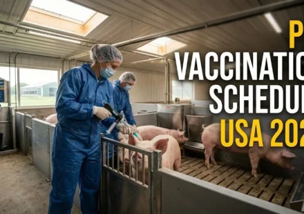 High-quality cinematic image of a modern U.S. pig farm with a veterinarian vaccinating pigs, featuring the bold text Pig Vaccination Schedule USA 2026 clearly displayed on the image