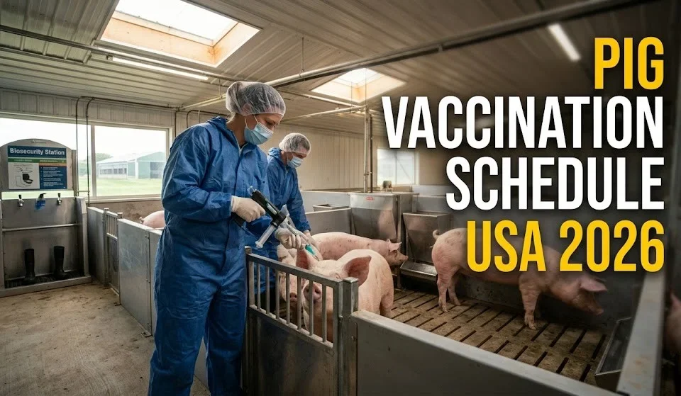 High-quality cinematic image of a modern U.S. pig farm with a veterinarian vaccinating pigs, featuring the bold text Pig Vaccination Schedule USA 2026 clearly displayed on the image