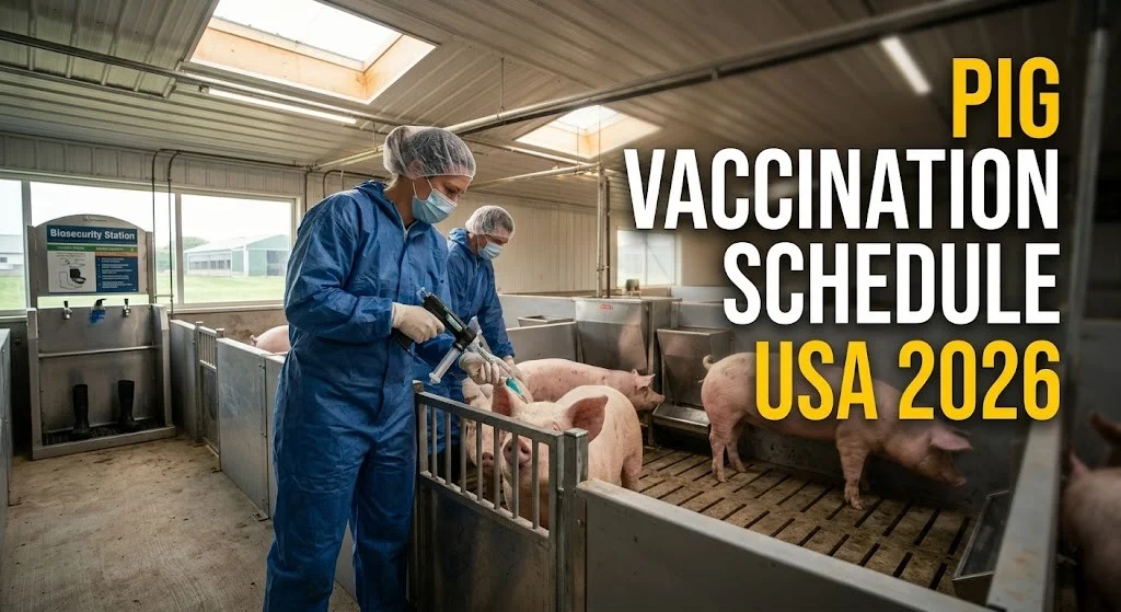 High-quality cinematic image of a modern U.S. pig farm with a veterinarian vaccinating pigs, featuring the bold text Pig Vaccination Schedule USA 2026 clearly displayed on the image