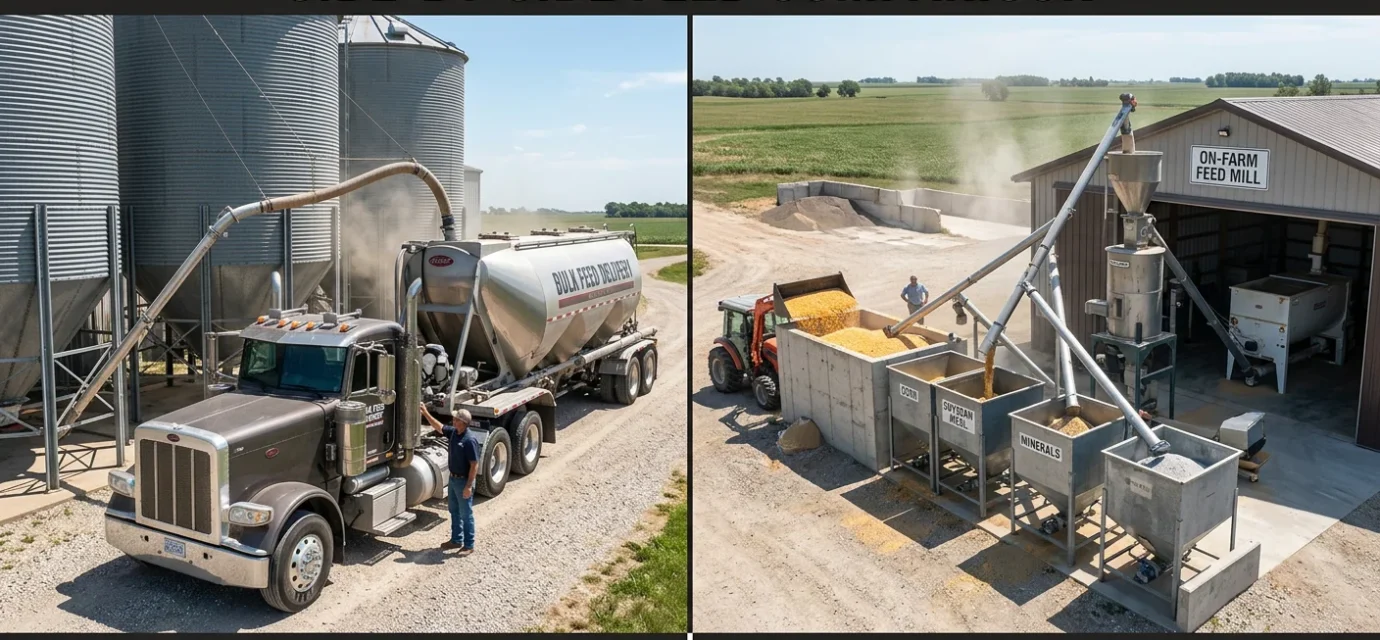 Commercial pig feed delivery versus custom on farm feed mixing system comparison for swine operations Placement: After H2 section "Understanding Ready-Made Commercial Feeds" Type: Photo