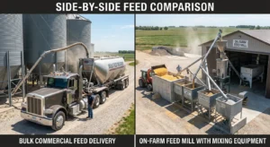 Commercial pig feed delivery versus custom on farm feed mixing system comparison for swine operations Placement: After H2 section "Understanding Ready-Made Commercial Feeds" Type: Photo