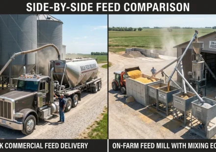 Commercial pig feed delivery versus custom on farm feed mixing system comparison for swine operations Placement: After H2 section "Understanding Ready-Made Commercial Feeds" Type: Photo