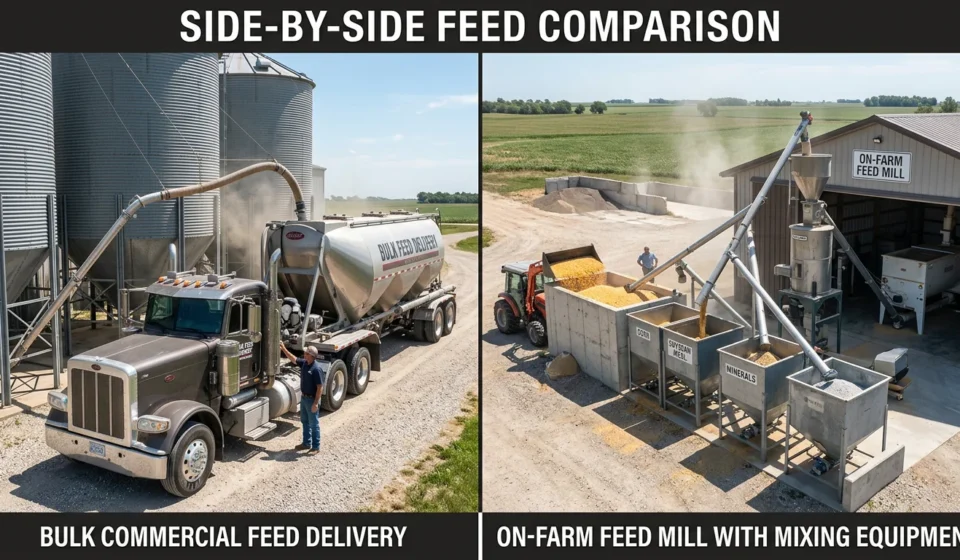 Commercial pig feed delivery versus custom on farm feed mixing system comparison for swine operations Placement: After H2 section "Understanding Ready-Made Commercial Feeds" Type: Photo