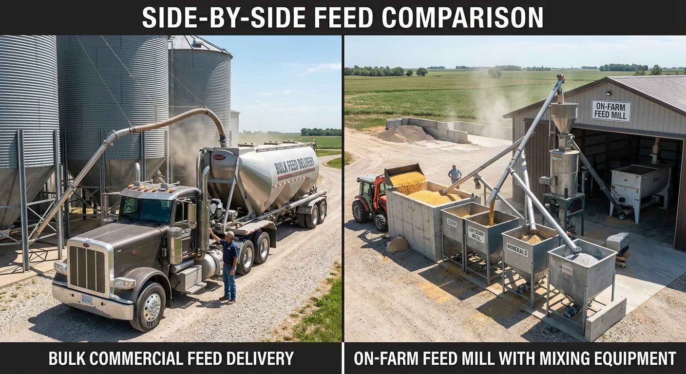 Commercial pig feed delivery versus custom on farm feed mixing system comparison for swine operations
Placement: After H2 section "Understanding Ready-Made Commercial Feeds"
Type: Photo