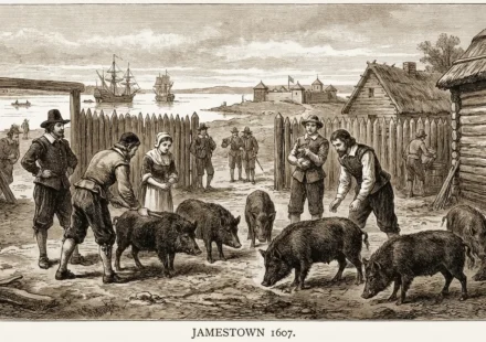 Colonial American settlers with free-range hogs in the 17th-century Jamestown settlement