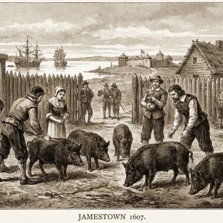 Colonial American settlers with free-range hogs in the 17th-century Jamestown settlement