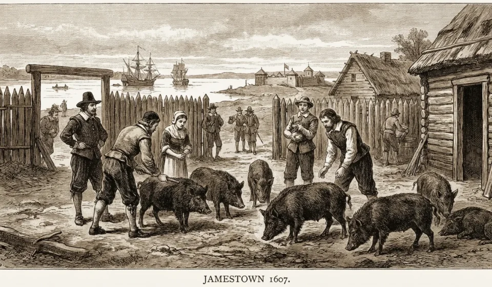 History of Pig Farming in America: From Colonies to Industrial Powerhouse Colonial American settlers with free-range hogs in the 17th-century Jamestown settlement