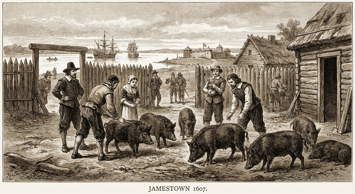 Colonial American settlers with free-range hogs in the 17th-century Jamestown settlement