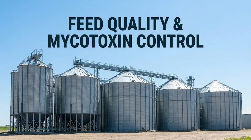 Modern grain storage silos with text on feed quality and mycotoxin risk