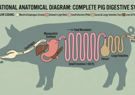 A pig digestive system diagram showing stomach, small intestine, large intestine and nutrient absorption process