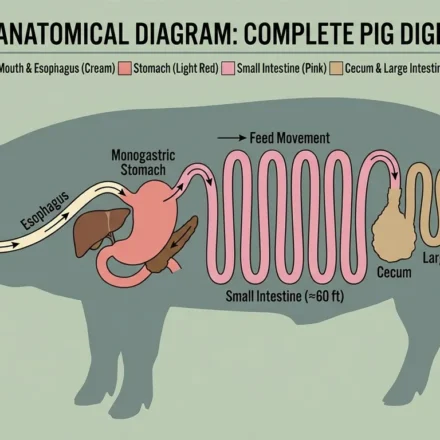 A pig digestive system diagram showing stomach, small intestine, large intestine and nutrient absorption process