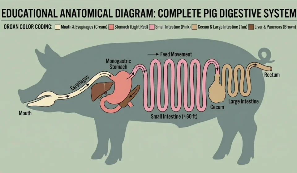 Understanding the Pig Digestive System: A Farmer’s Guide A pig digestive system diagram showing stomach, small intestine, large intestine and nutrient absorption process