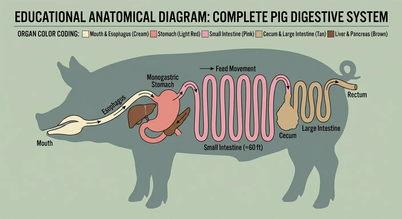 A pig digestive system diagram showing stomach, small intestine, large intestine and nutrient absorption process