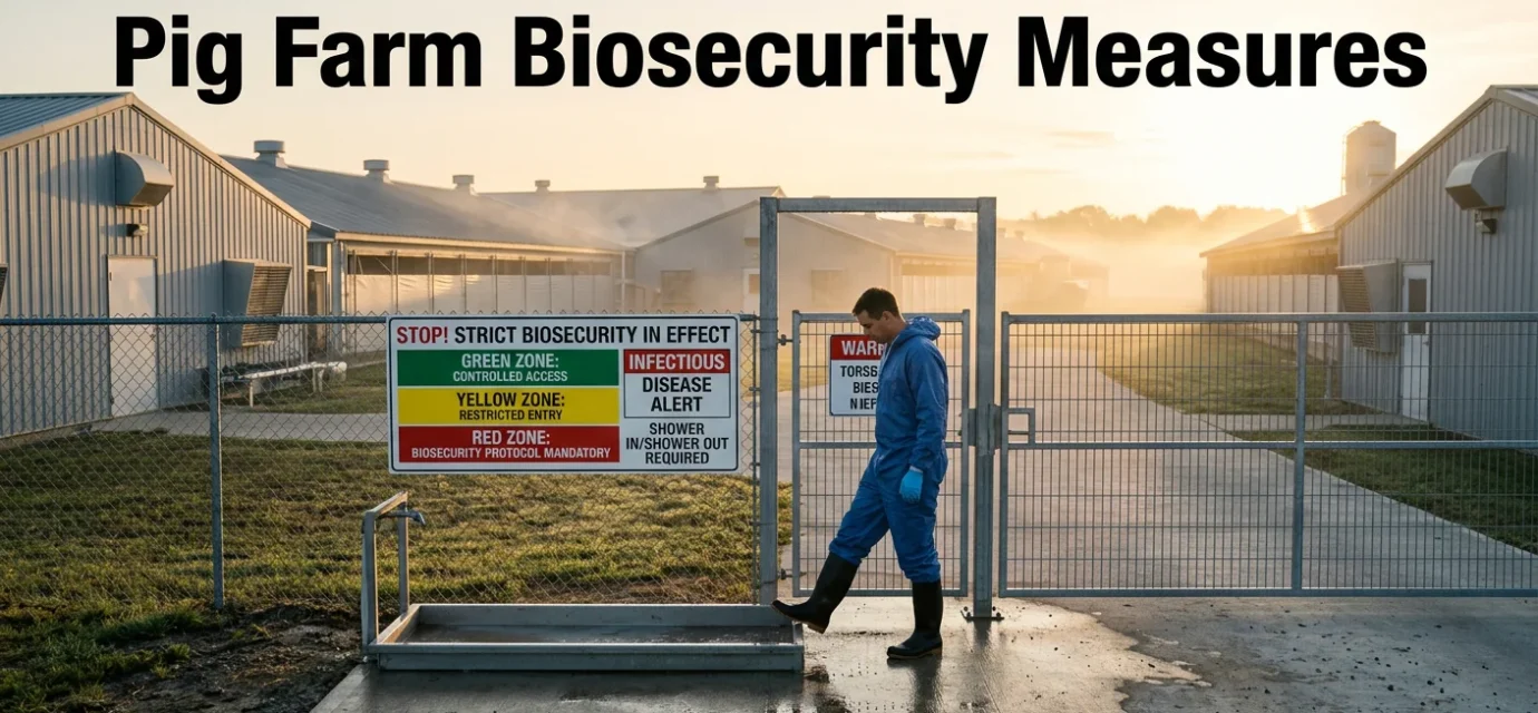 Cinematic high-quality image of a pig farm with a worker in protective gear using a disinfectant footbath at a secured entrance with biosecurity zone signs