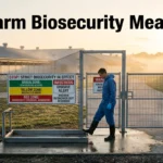 Cinematic high-quality image of a pig farm with a worker in protective gear using a disinfectant footbath at a secured entrance with biosecurity zone signs