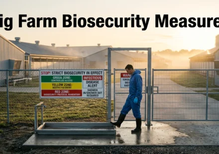 Cinematic high-quality image of a pig farm with a worker in protective gear using a disinfectant footbath at a secured entrance with biosecurity zone signs