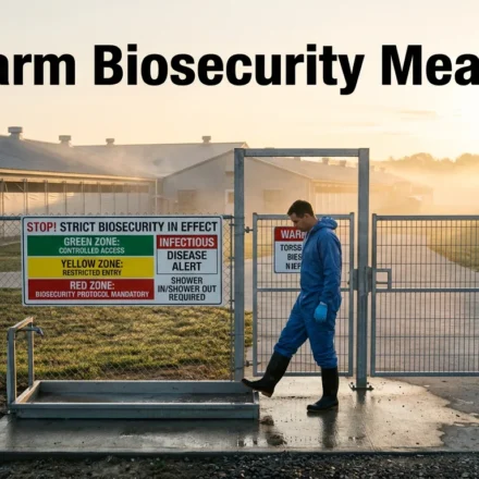 Cinematic high-quality image of a pig farm with a worker in protective gear using a disinfectant footbath at a secured entrance with biosecurity zone signs