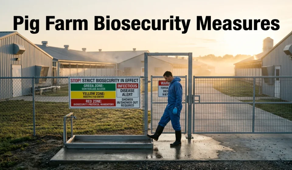 Pig Farm Biosecurity Measures: Practical Protocols for Disease Prevention Cinematic high-quality image of a pig farm with a worker in protective gear using a disinfectant footbath at a secured entrance with biosecurity zone signs