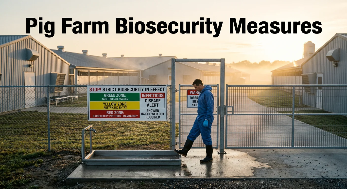 Cinematic high-quality image of a pig farm with a worker in protective gear using a disinfectant footbath at a secured entrance with biosecurity zone signs