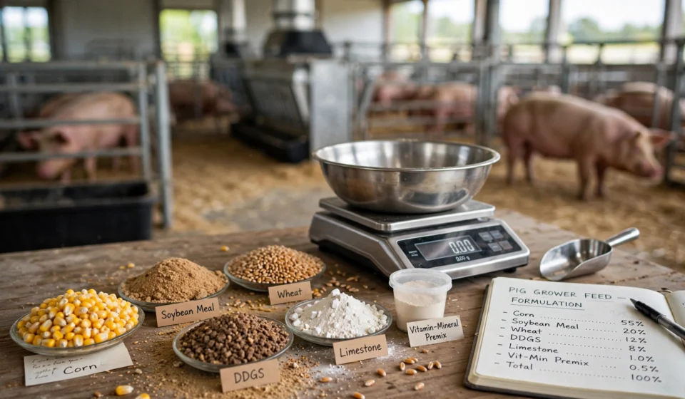 Pig feed formulation with corn soybean meal and other feed ingredients