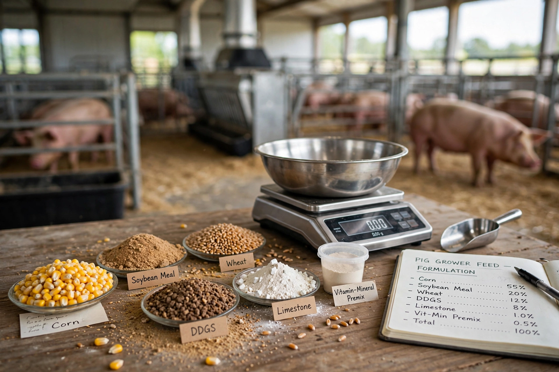 Pig feed formulation with corn soybean meal and other feed ingredients