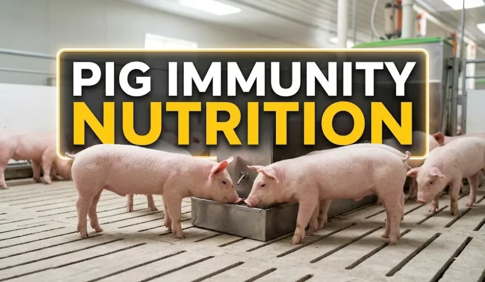 Pig Immunity Nutrition main cover showing healthy nursery pigs in a farm setup