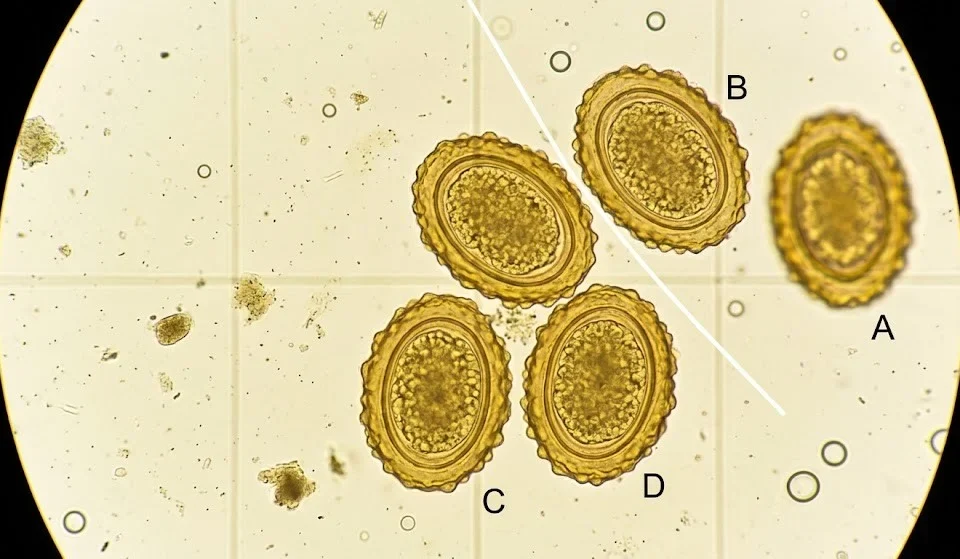 Pig roundworm eggs under microscope showing Ascaris suum parasites in a faecal flotation test