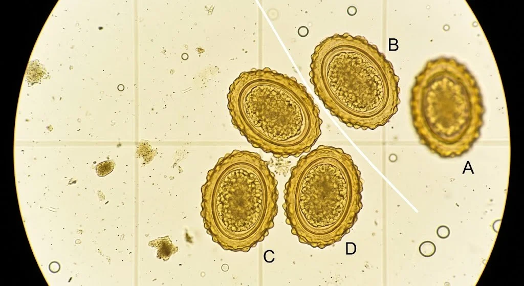  Pig roundworm eggs under microscope showing Ascaris suum parasites in a faecal flotation test
