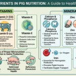 A pig nutrition concept showing essential vitamins and minerals for pig health, including feed supplements, growth support, and immune system development