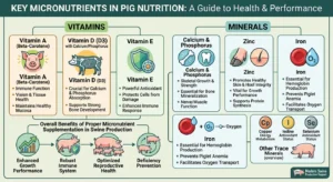 A pig nutrition concept showing essential vitamins and minerals for pig health, including feed supplements, growth support, and immune system development