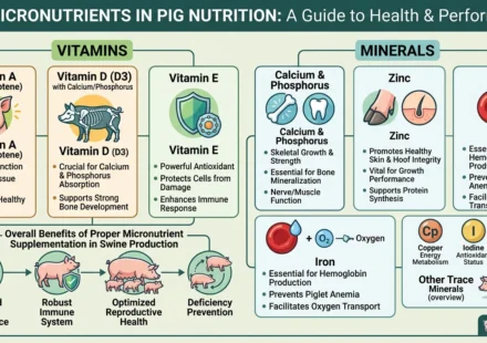 A pig nutrition concept showing essential vitamins and minerals for pig health, including feed supplements, growth support, and immune system development
