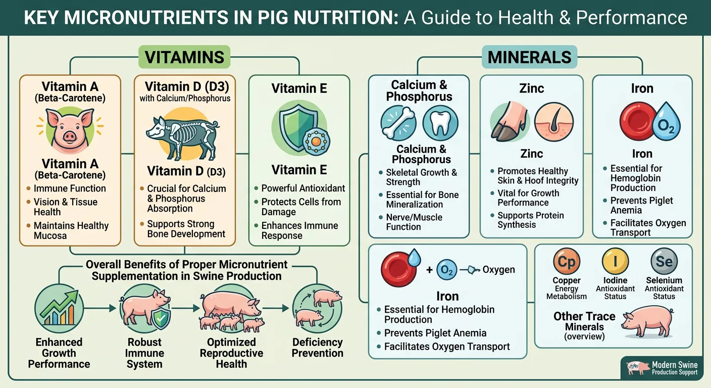 A pig nutrition concept showing essential vitamins and minerals for pig health, including feed supplements, growth support, and immune system development
