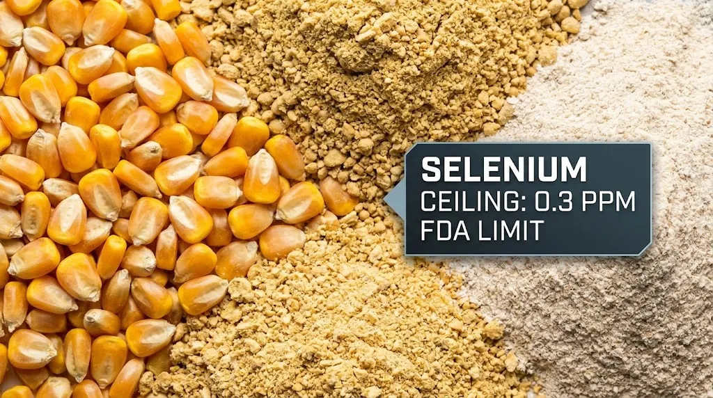 Swine feed premix showing FDA selenium limit of 0.3 ppm
