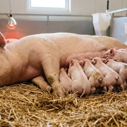 Sow nursing piglets showing colostrum transfer for passive immunity development