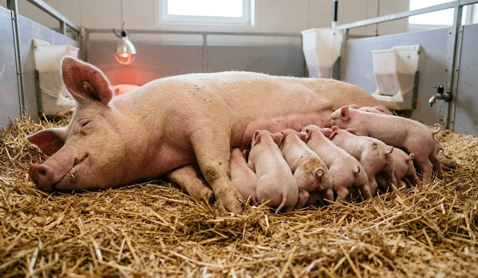 Nutritional Strategies to Boost Pig Immunity in 2026 Sow nursing piglets showing colostrum transfer for passive immunity development