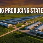 cinematic aerial view of large-scale pig farms in Iowa representing top pig-producing states USA, with bold keyword overlay