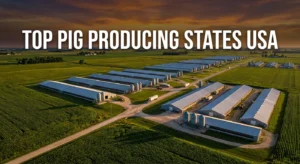 cinematic aerial view of large-scale pig farms in Iowa representing top pig-producing states USA, with bold keyword overlay