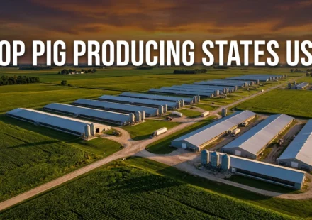 cinematic aerial view of large-scale pig farms in Iowa representing top pig-producing states USA, with bold keyword overlay