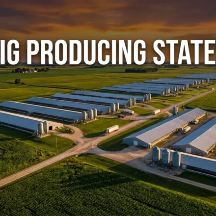 cinematic aerial view of large-scale pig farms in Iowa representing top pig-producing states USA, with bold keyword overlay