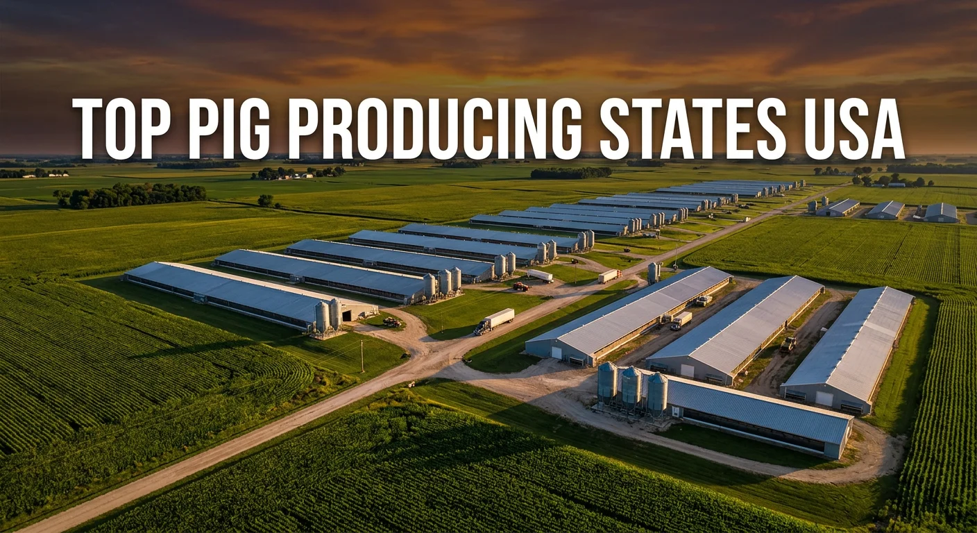 cinematic aerial view of large-scale pig farms in Iowa representing top pig-producing states USA, with bold keyword overlay