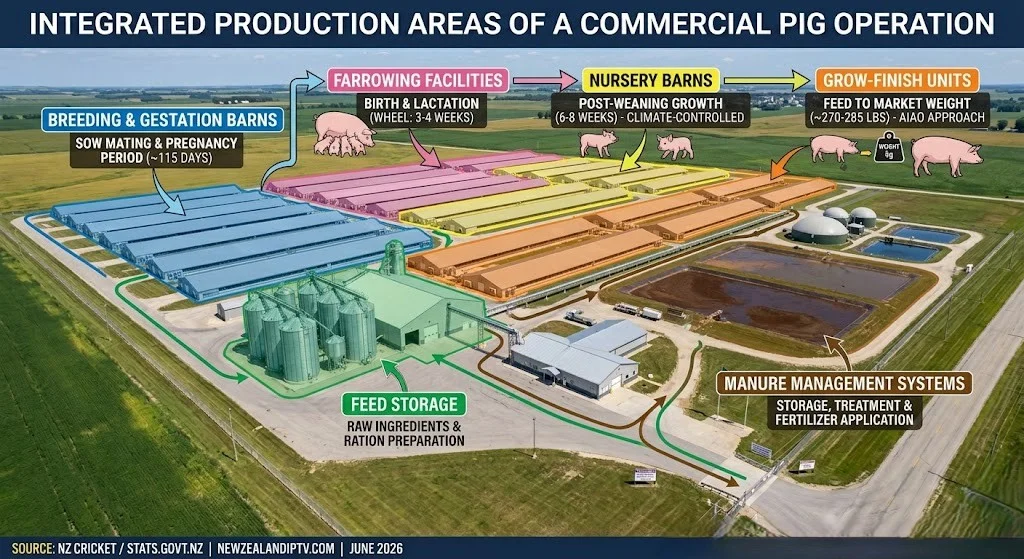 Commercial pig farm production zone layout diagram: farrow-to-finish operation 2400 sows, USA